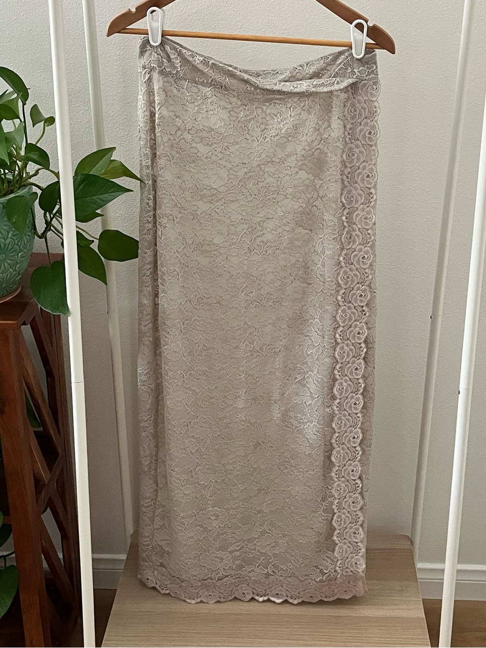 Free People Taupe Lace Maxi Skirt with Side Floral Trim